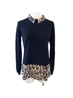 Y2K Marled Layered Look Sweater Women's S Black Animal Print Peter Pan Collar